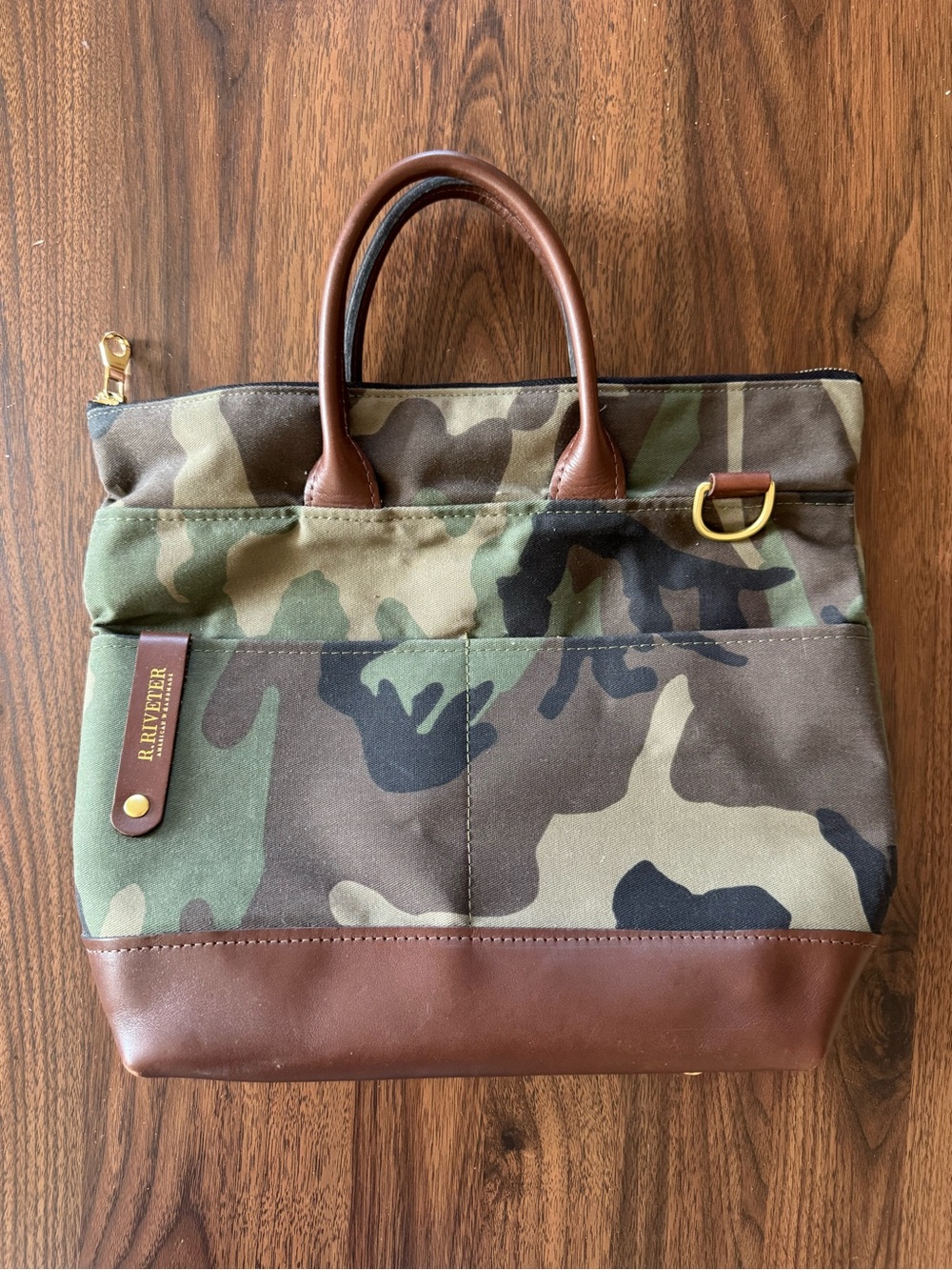 R. Riveter Camo Canvas Tote Bag Leather Trim USA Made